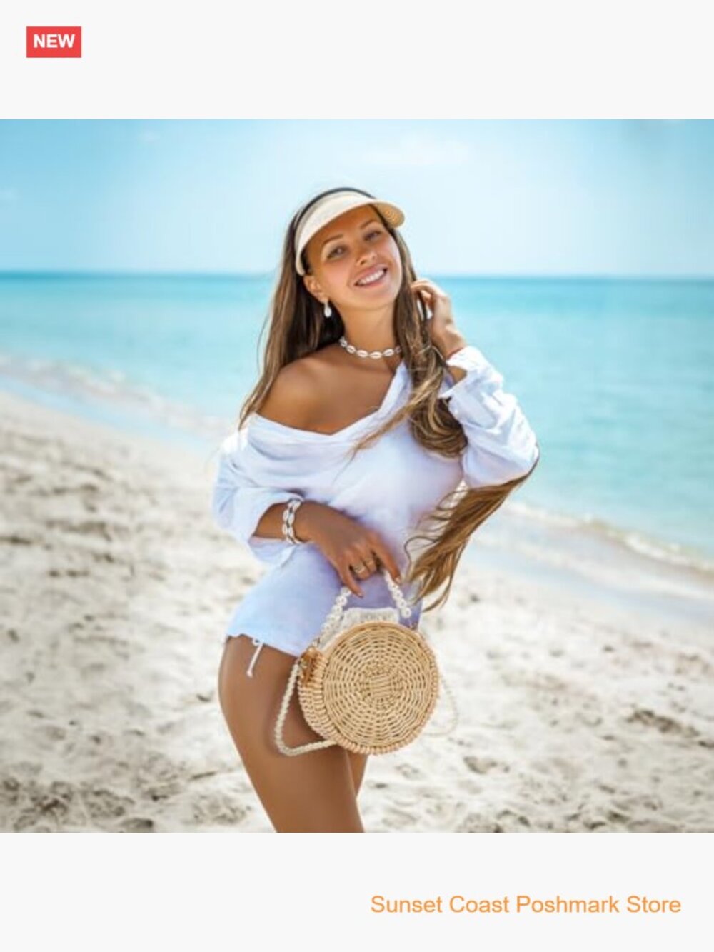 Round Rattan Bag Hand-woven Wicker Basket Purse Boho Crossbody With Pearl Strap - Picture 7 of 7